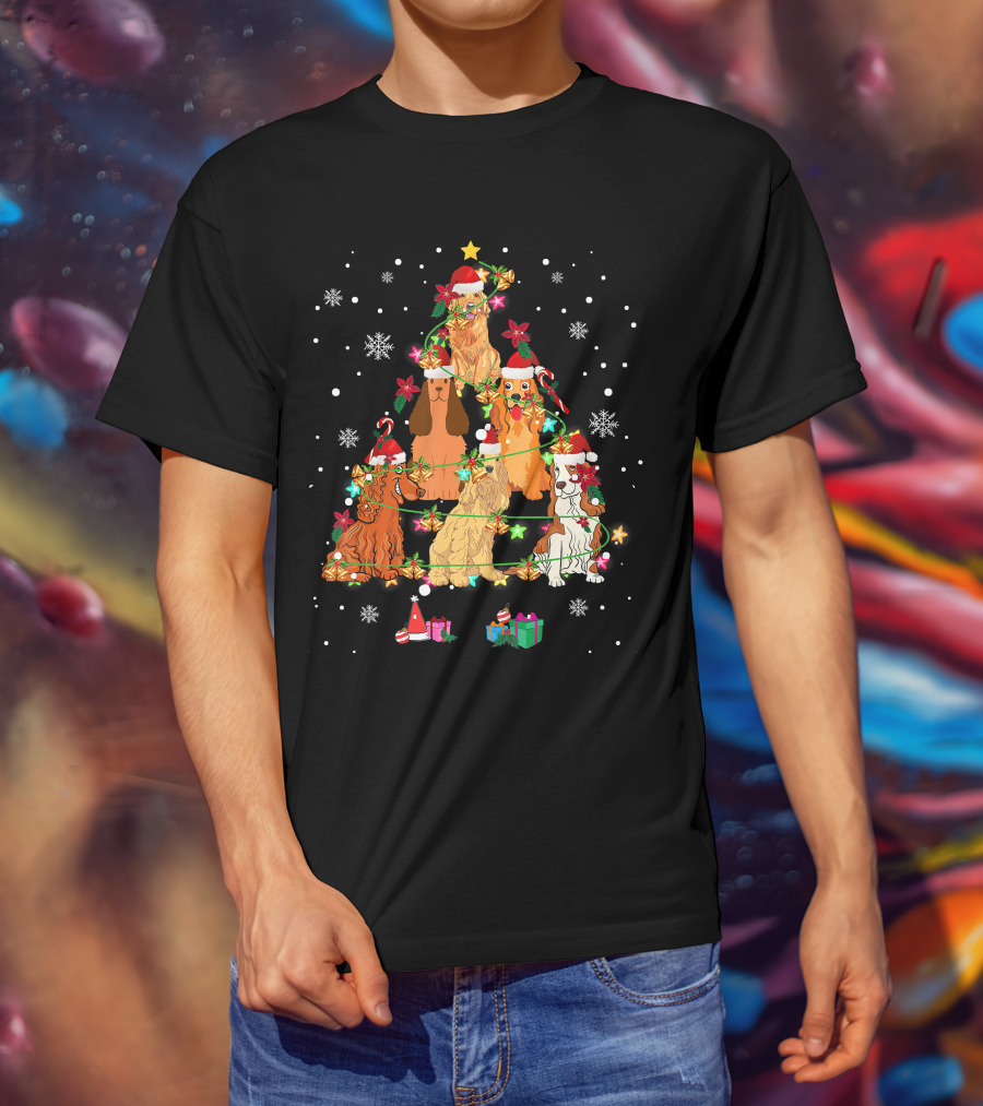 Cocker Spaniel Christmas Tree With Santa Hats And Snowflakes T-Shirt