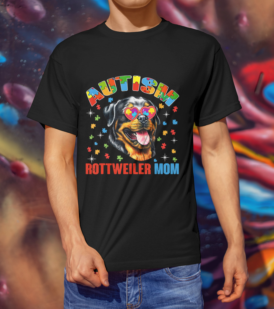 Rottweiler Mom Autism Awareness Puzzle Heart Glasses T-Shirt