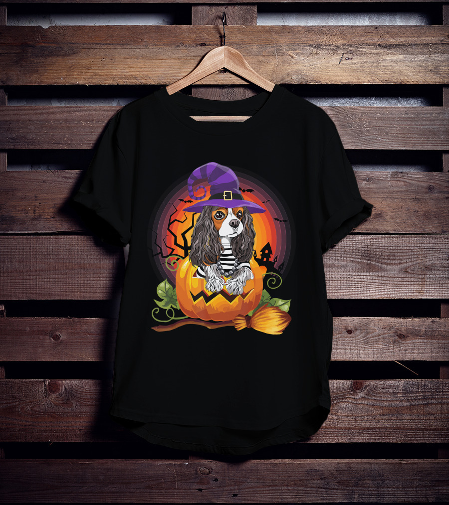 Cavalier Witch Dog In Pumpkin Halloween Scene T-Shirt