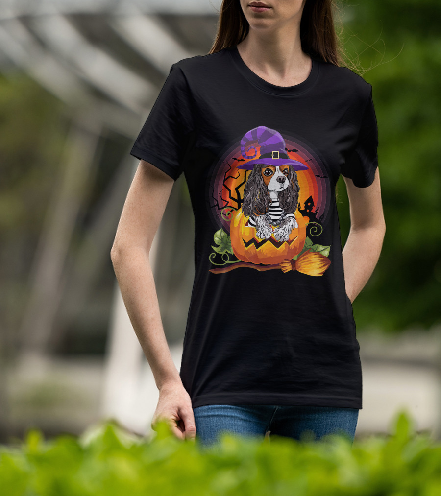 Cavalier Witch Dog In Pumpkin Halloween Scene T-Shirt