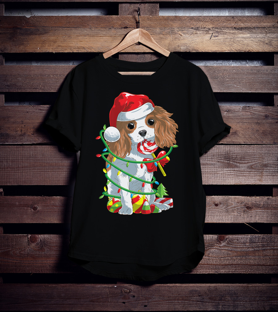 Cute Cavalier King Charles Spaniel Dog In Santa Hat With Christmas Lights And Candy Cane T-Shirt