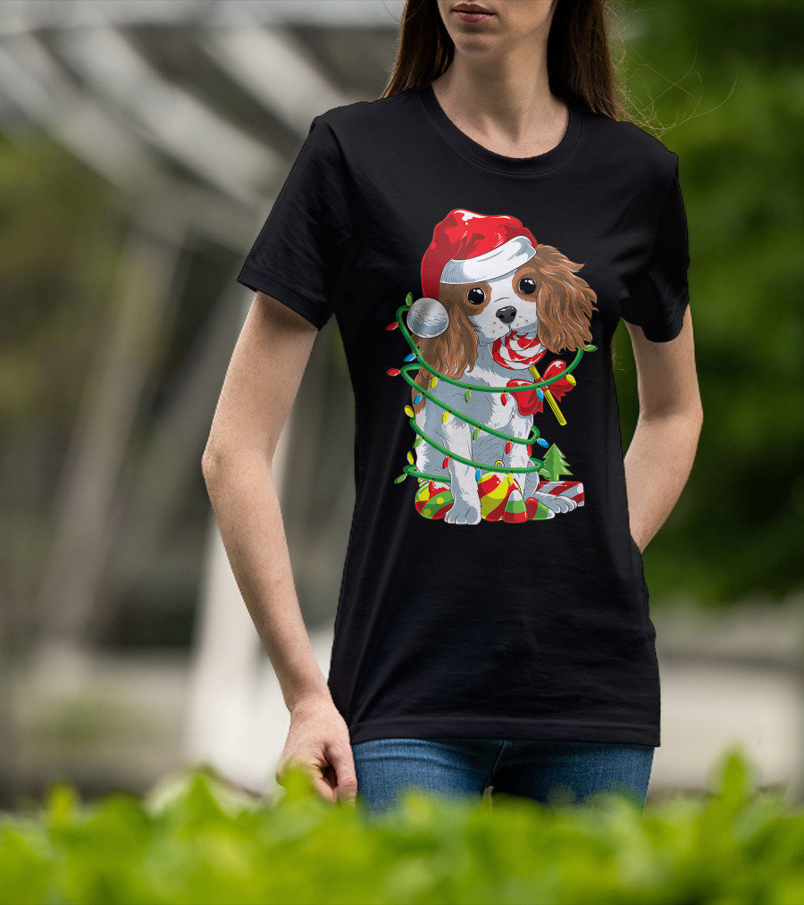 Cute Cavalier King Charles Spaniel Dog In Santa Hat With Christmas Lights And Candy Cane T-Shirt