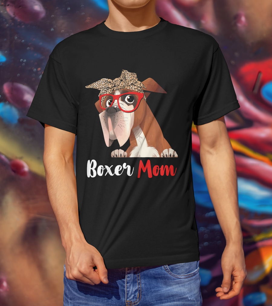 Boxer Mom With Red Glasses And Leopard Headband For Dog Lovers T-Shirt