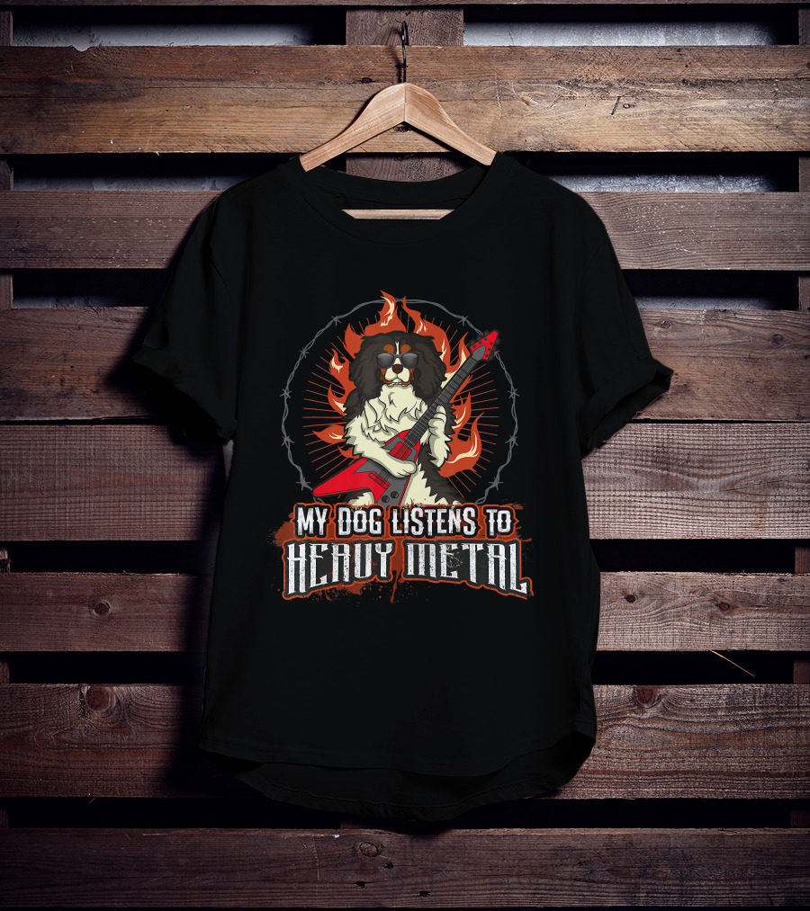 My Dog Listens To Heavy Metal Cavalier King Charles Spaniel Guitar Flames T-Shirt