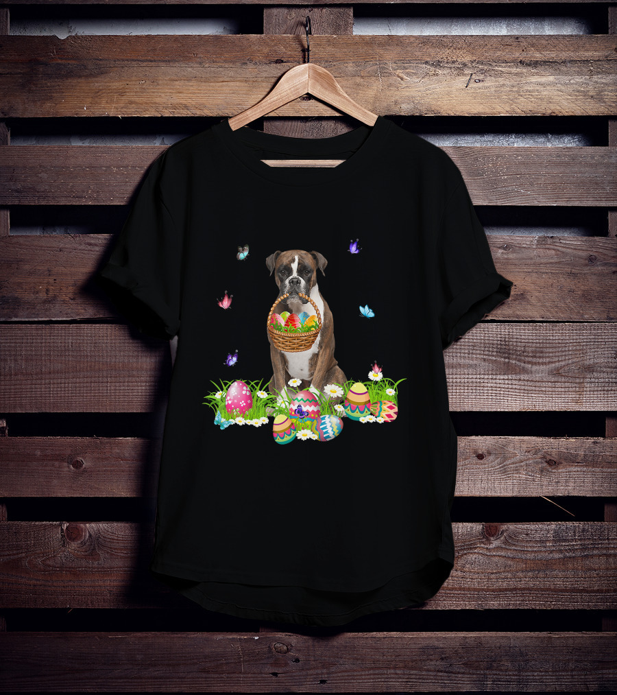 Boxer Dog Holding Easter Eggs Basket Surrounded By Butterflies And Flowers T-Shirt
