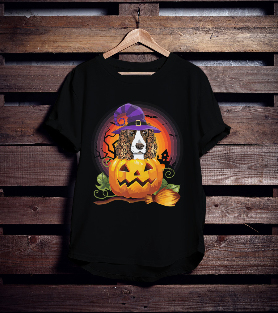 Dog Lover English Cocker Spaniel Witch Pumpkin Halloween Scene T-Shirt
