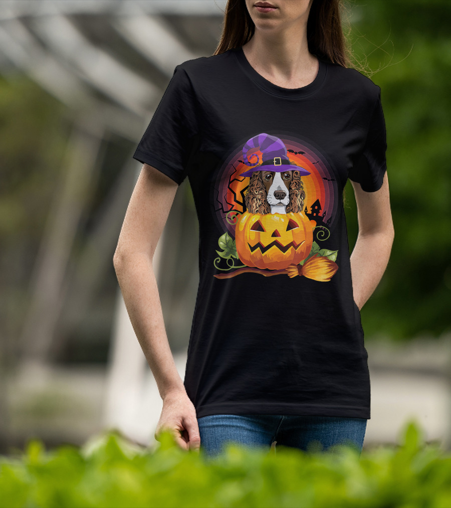 Dog Lover English Cocker Spaniel Witch Pumpkin Halloween Scene T-Shirt
