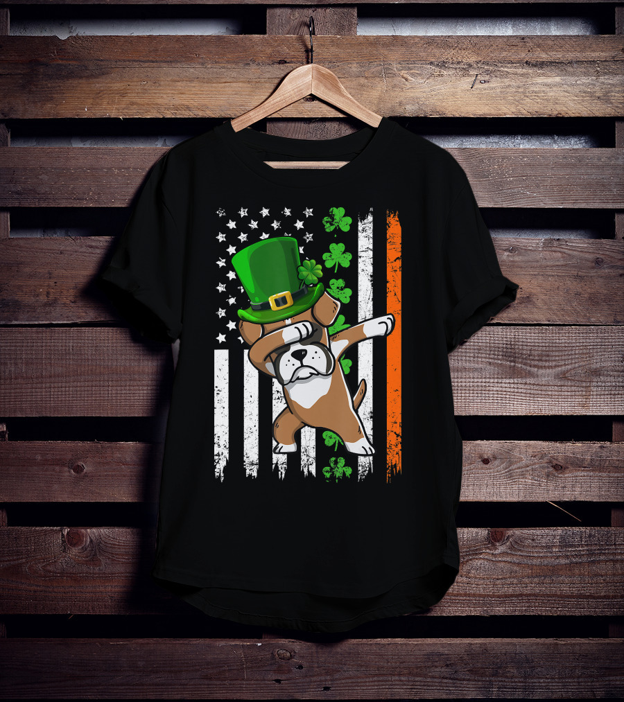 Dabbing Boxer Dog Leprechaun Hat American Irish Flag T-Shirt