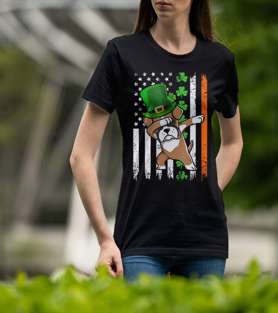 Dabbing Boxer Dog Leprechaun Hat American Irish Flag T-Shirt