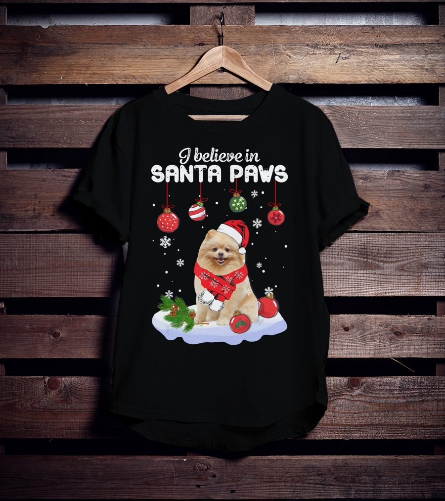 I Believe In Santa Paws Pomeranian Festive Christmas Ornaments Snowflakes T-Shirt
