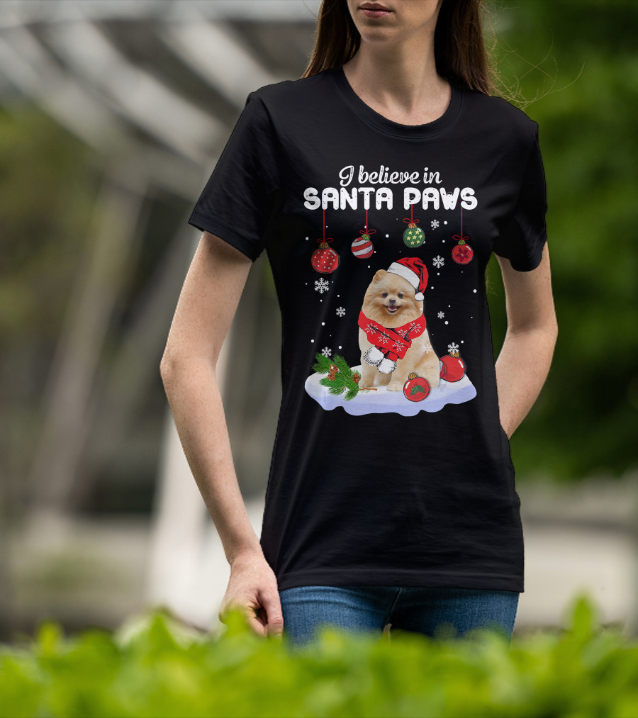 I Believe In Santa Paws Pomeranian Festive Christmas Ornaments Snowflakes T-Shirt