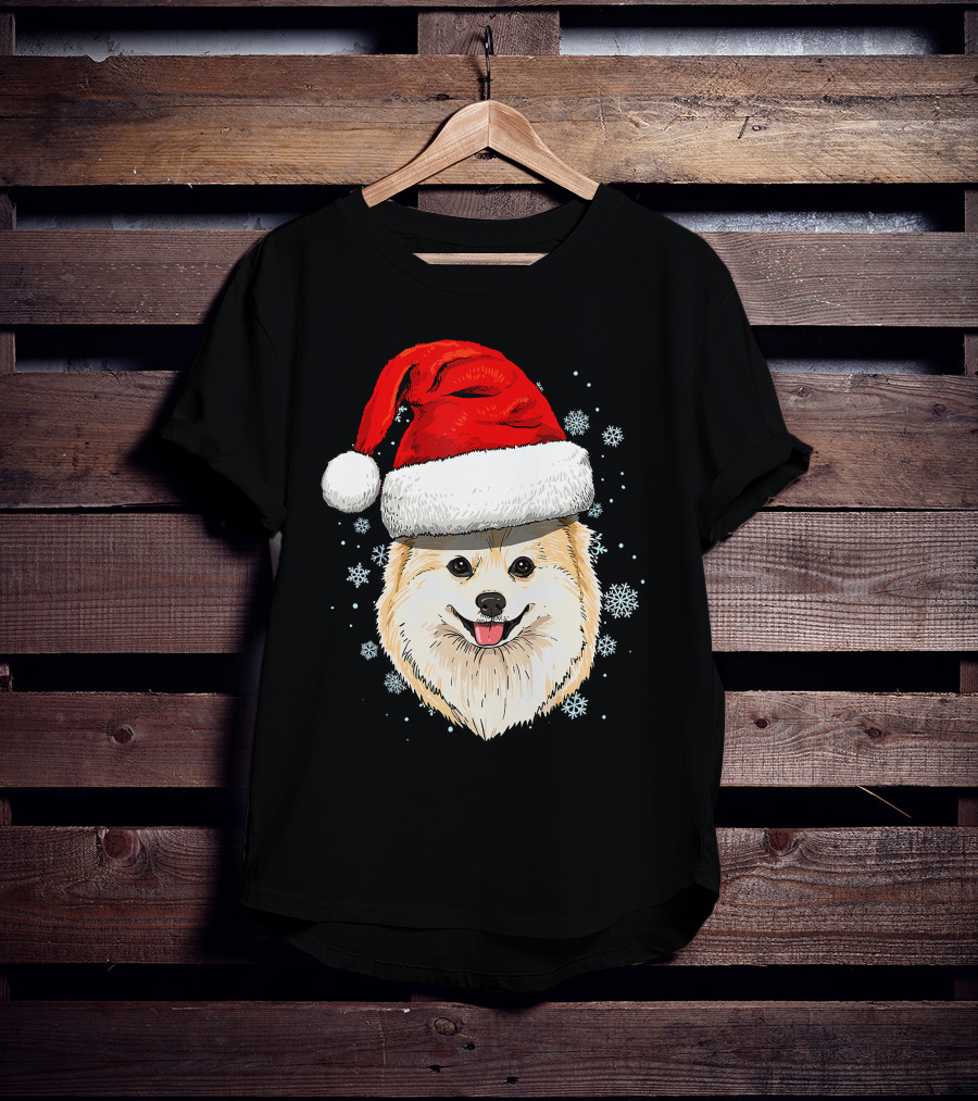 Pomeranian Santa Hat Snowflakes Christmas T-Shirt