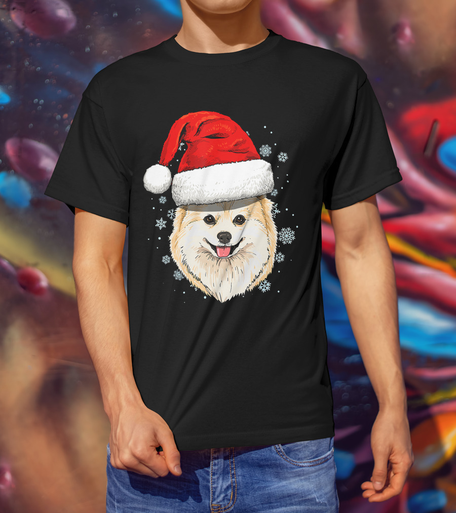 Pomeranian Santa Hat Snowflakes Christmas T-Shirt