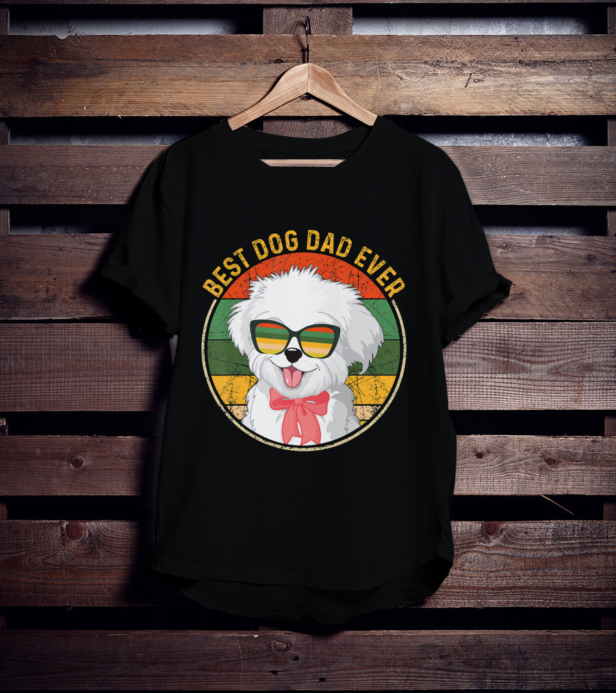 Best Dog Dad Ever Retro Vintage Maltese Sunglasses T-Shirt