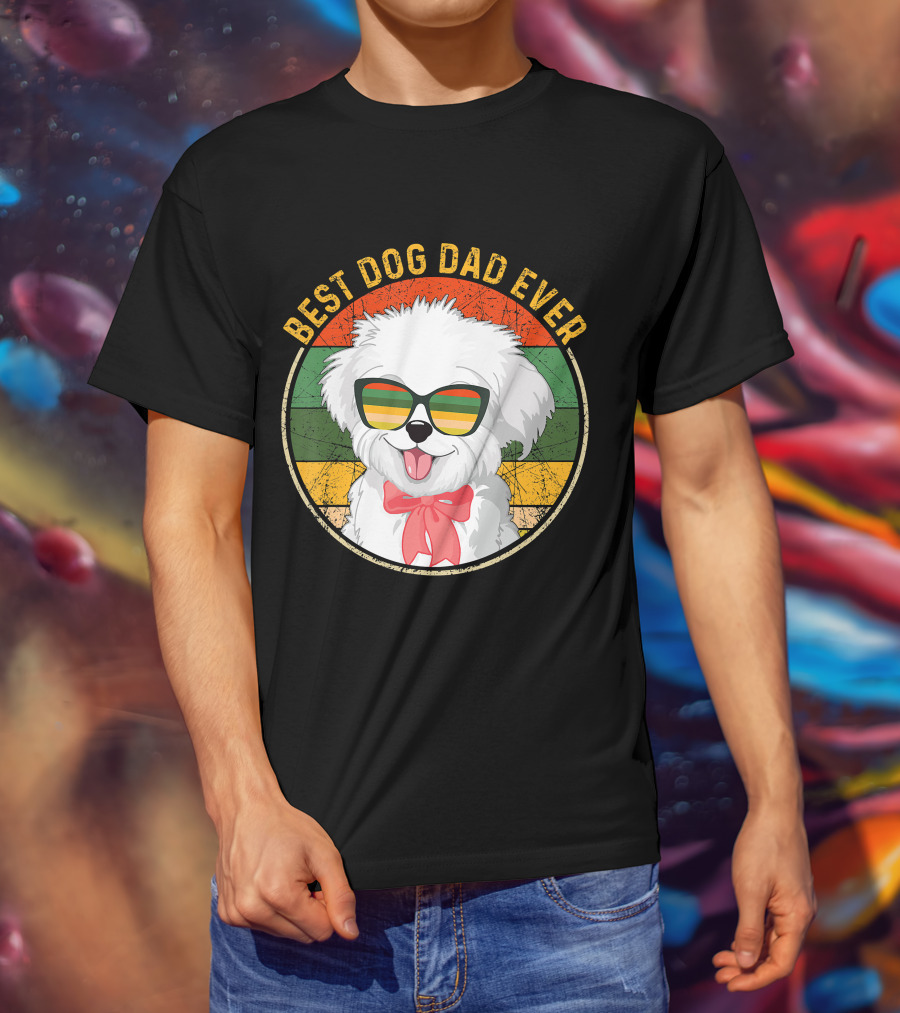 Best Dog Dad Ever Retro Vintage Maltese Sunglasses T-Shirt