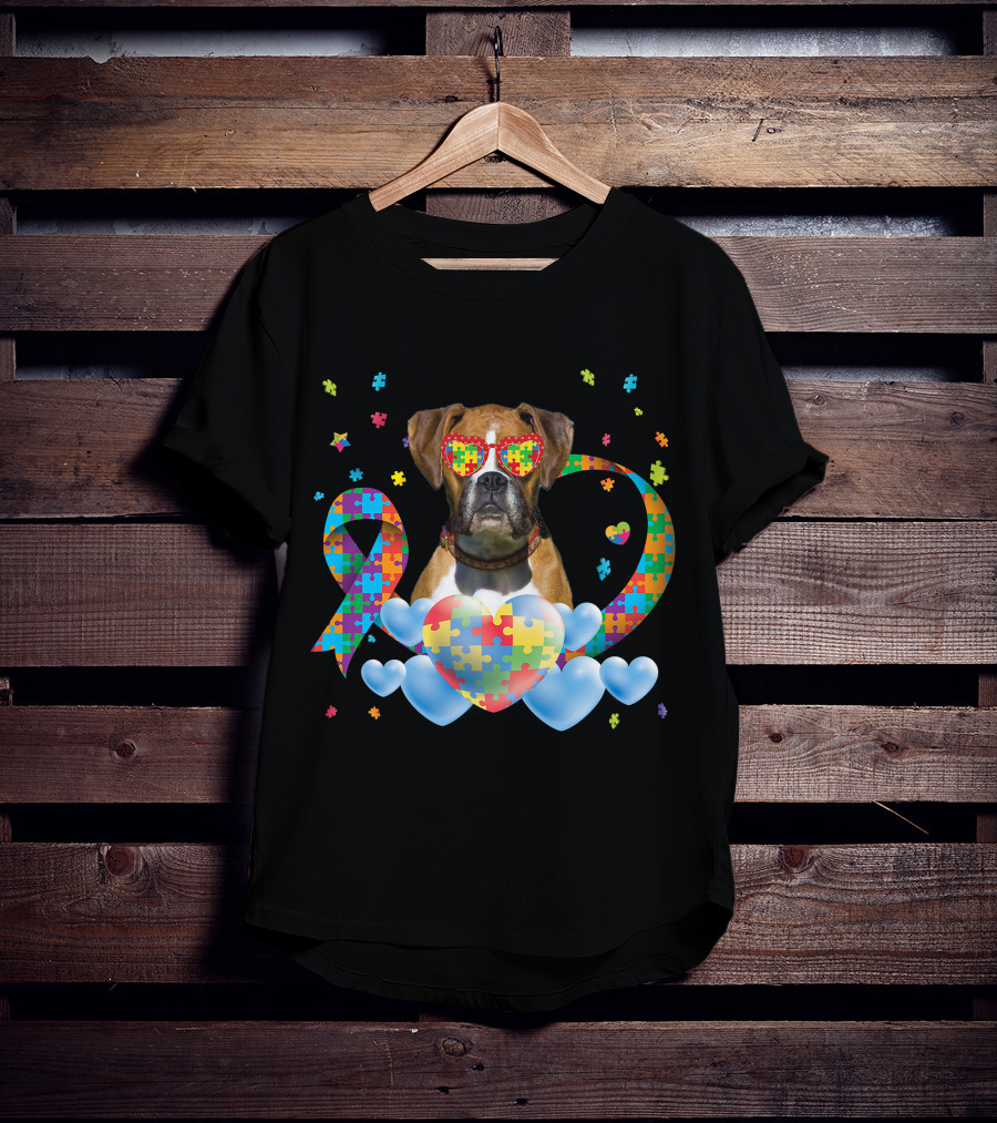 Boxer Dog Autism Awareness Heart Puzzle Ribbon Rainbow T-Shirt