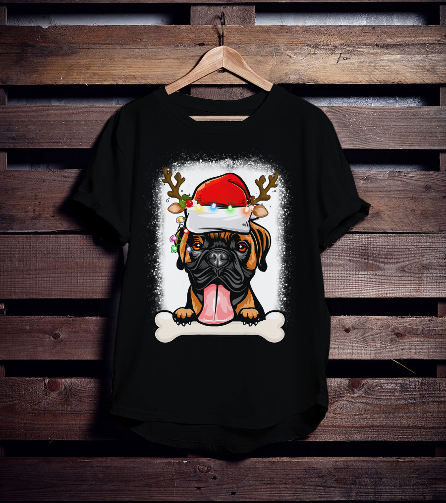 Boxer Dog With Santa Hat And Antlers Holding A Bone With Christmas Lights T-Shirt