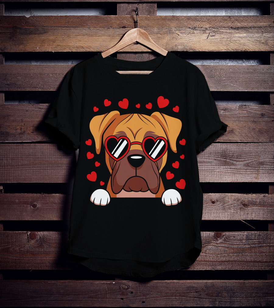 Boxer Dog Face With Red Heart Glasses Surrounded By Floating Hearts T-Shirt