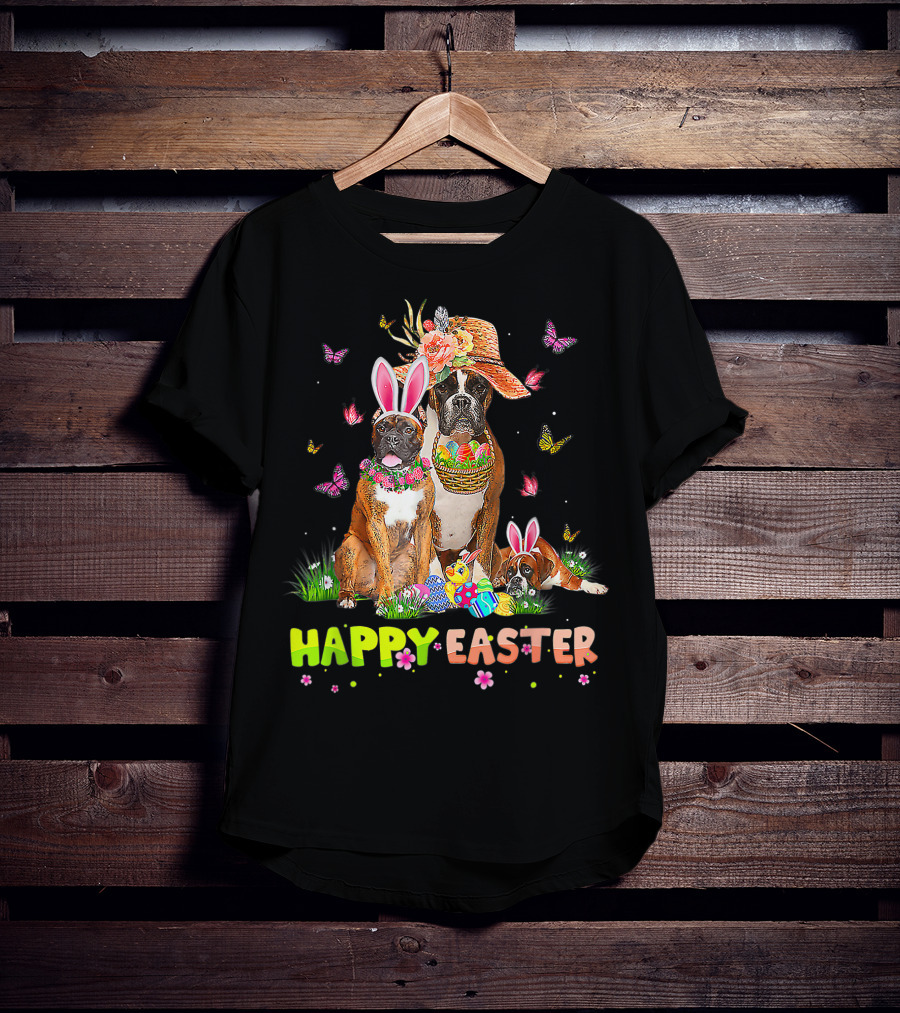 Happy Easter Boxer Dogs Bunny Ears Eggs And Butterflies T-Shirt