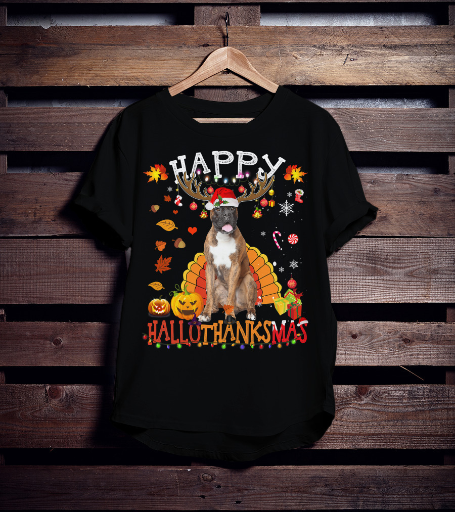 Happy Hallothanksmas Boxer Dog Halloween Turkey Christmas Lights T-Shirt