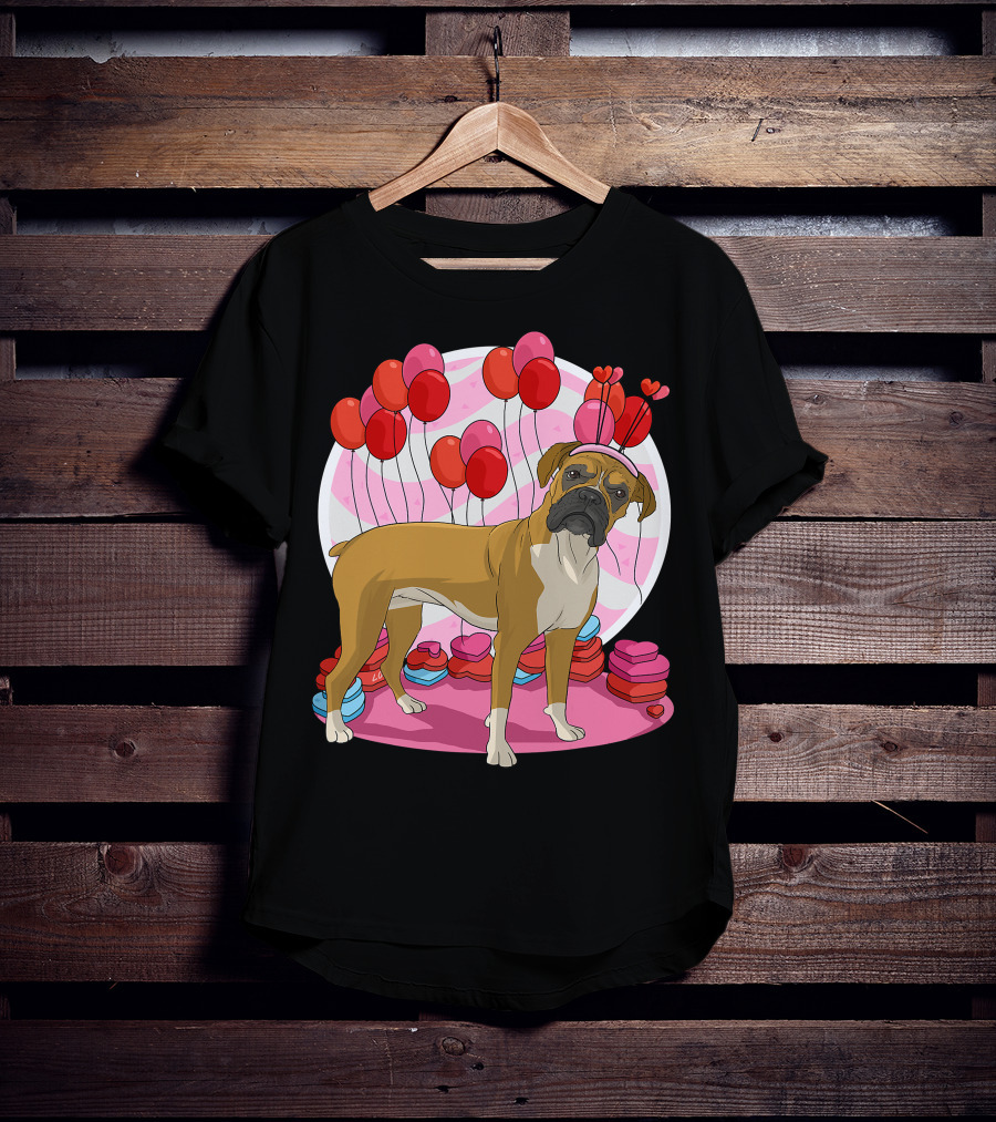 Boxer Dog With Heart Antlers And Balloons Valentine Decor T-Shirt