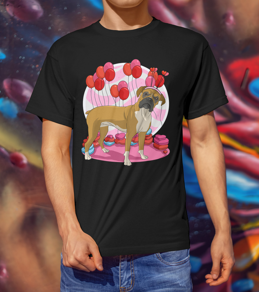 Boxer Dog With Heart Antlers And Balloons Valentine Decor T-Shirt