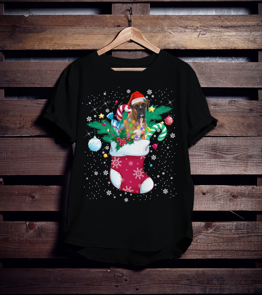 Boxer Dog In Santa Hat With Candy Canes In Christmas Stocking T-Shirt