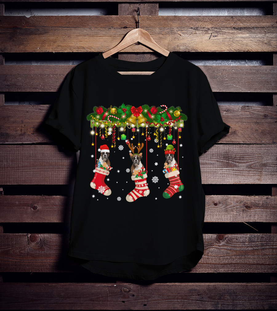 Boxer Dog In Christmas Stocking Santa Hat Reindeer Antlers Santa EL T-Shirt