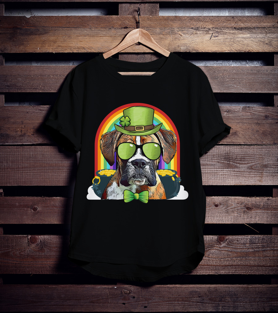 Boxer Dog Leprechaun Funny St Patricks Rainbow Hat Bow Tie Shamrocks T-Shirt