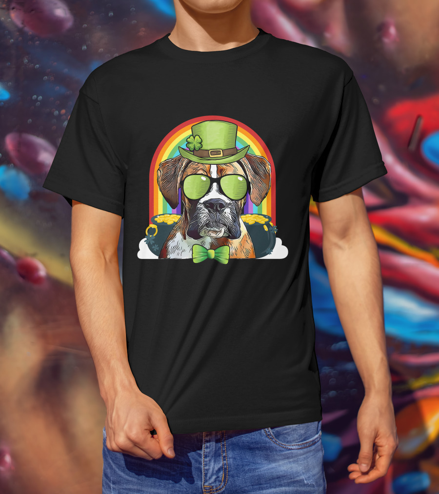 Boxer Dog Leprechaun Funny St Patricks Rainbow Hat Bow Tie Shamrocks T-Shirt