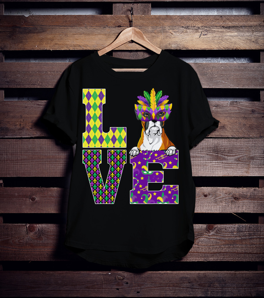 Boxer Dog Lover Mardi Gras Costume Mask Fleur De Lis Pattern Love T-Shirt