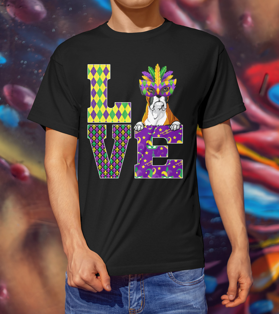 Boxer Dog Lover Mardi Gras Costume Mask Fleur De Lis Pattern Love T-Shirt