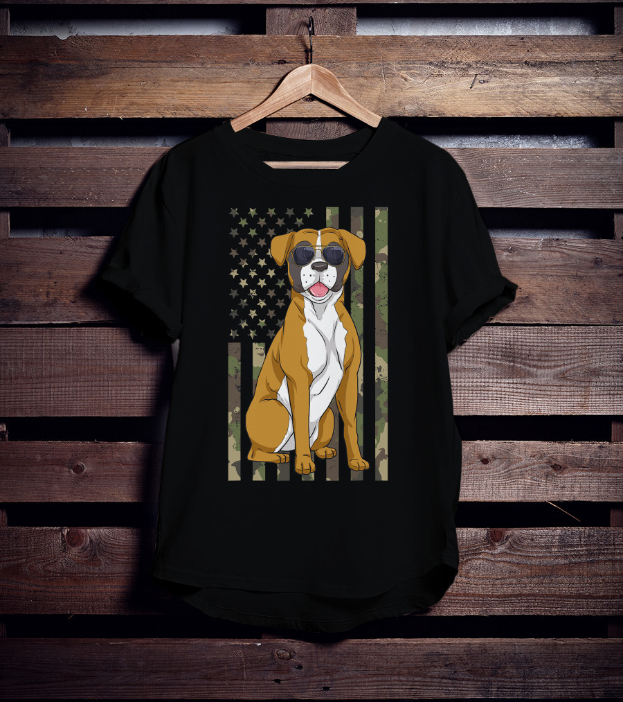 Boxer Dog Men Women Boxer Dad Mom Camo USA Flag Sunglasses T-Shirt