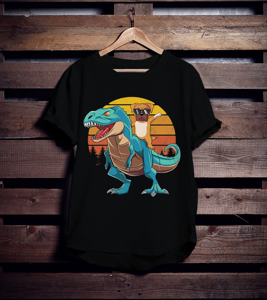 Boxer Dog Riding Dinosaur Rex Boys Girl Sunglasses Sunset T-Shirt