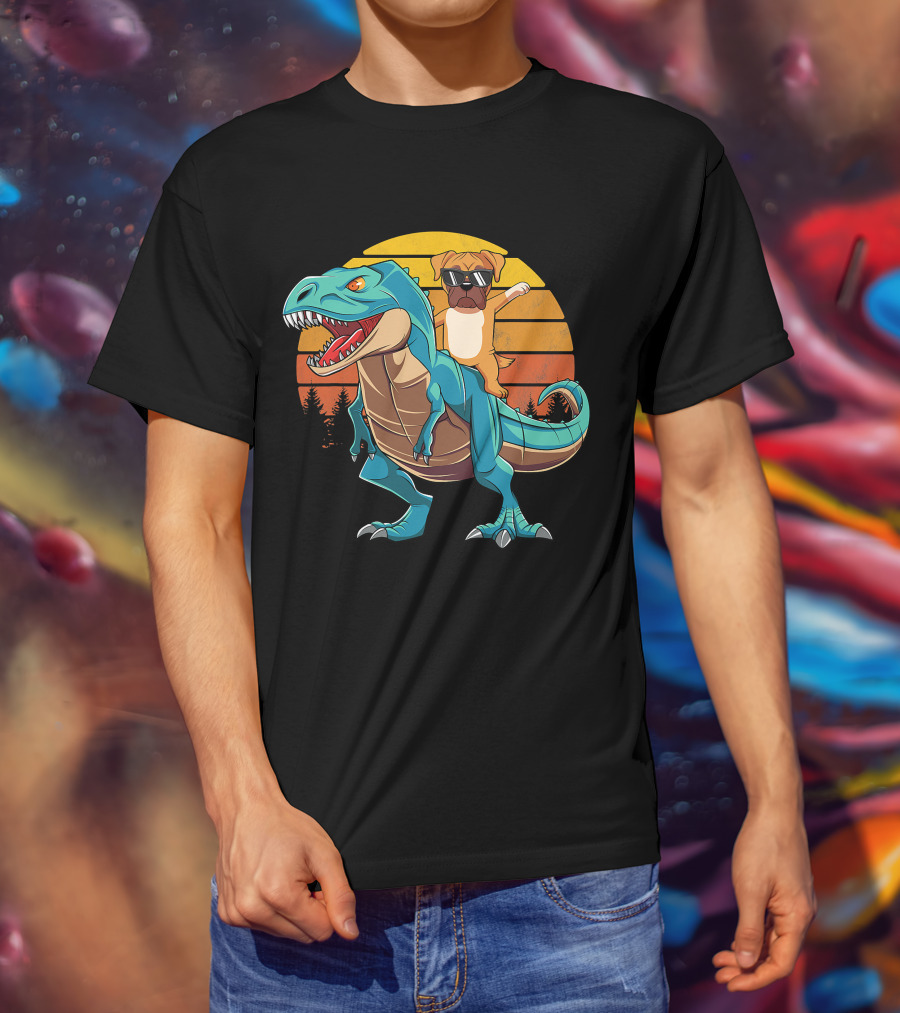 Boxer Dog Riding Dinosaur Rex Boys Girl Sunglasses Sunset T-Shirt
