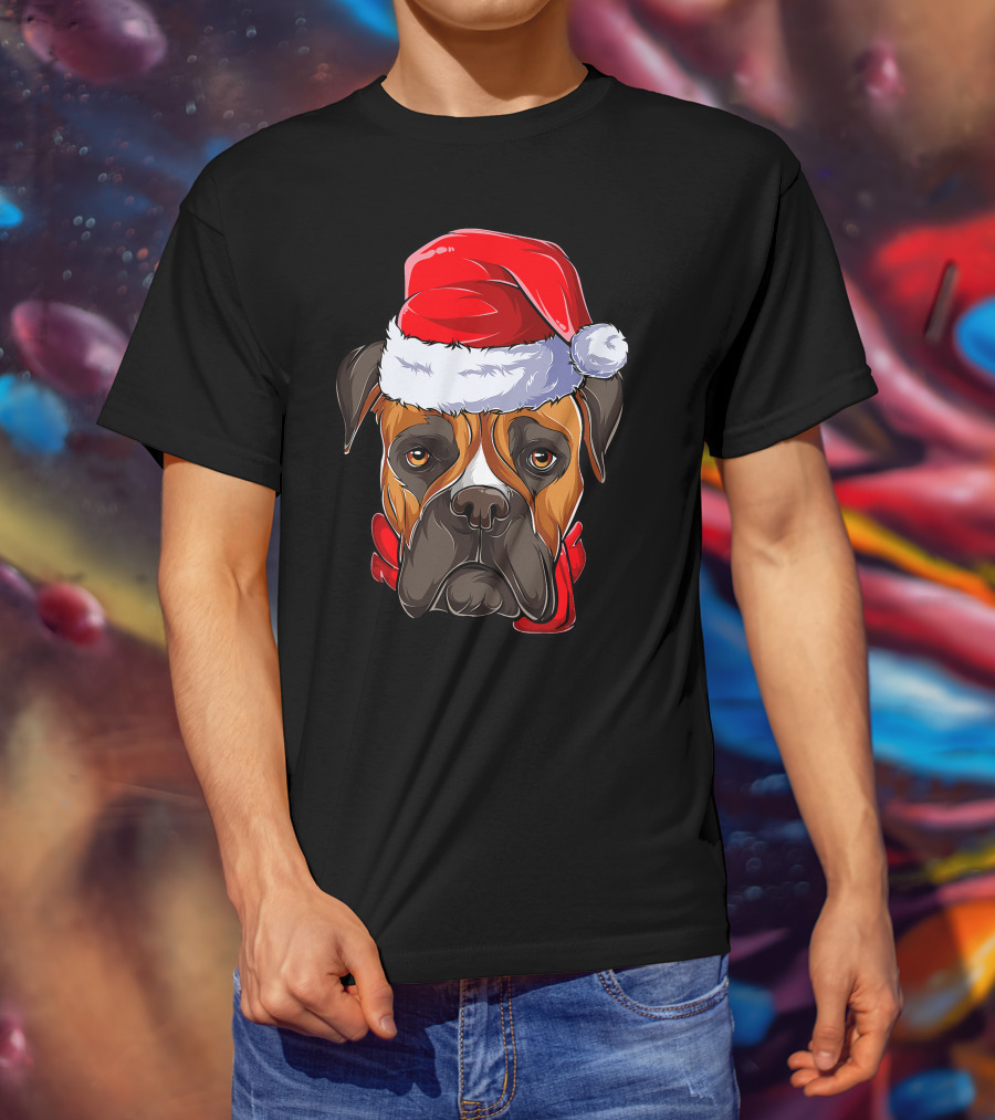 Boxer Dog Santa Hat Christmas Girls T-Shirt