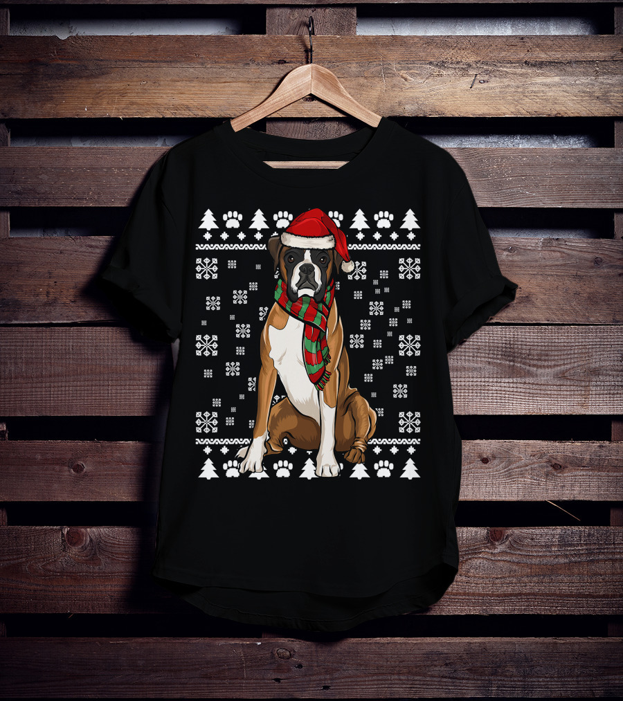 Boxer Dog Santa Hat Christmas Snowflakes Paw Prints Ugly T-Shirt