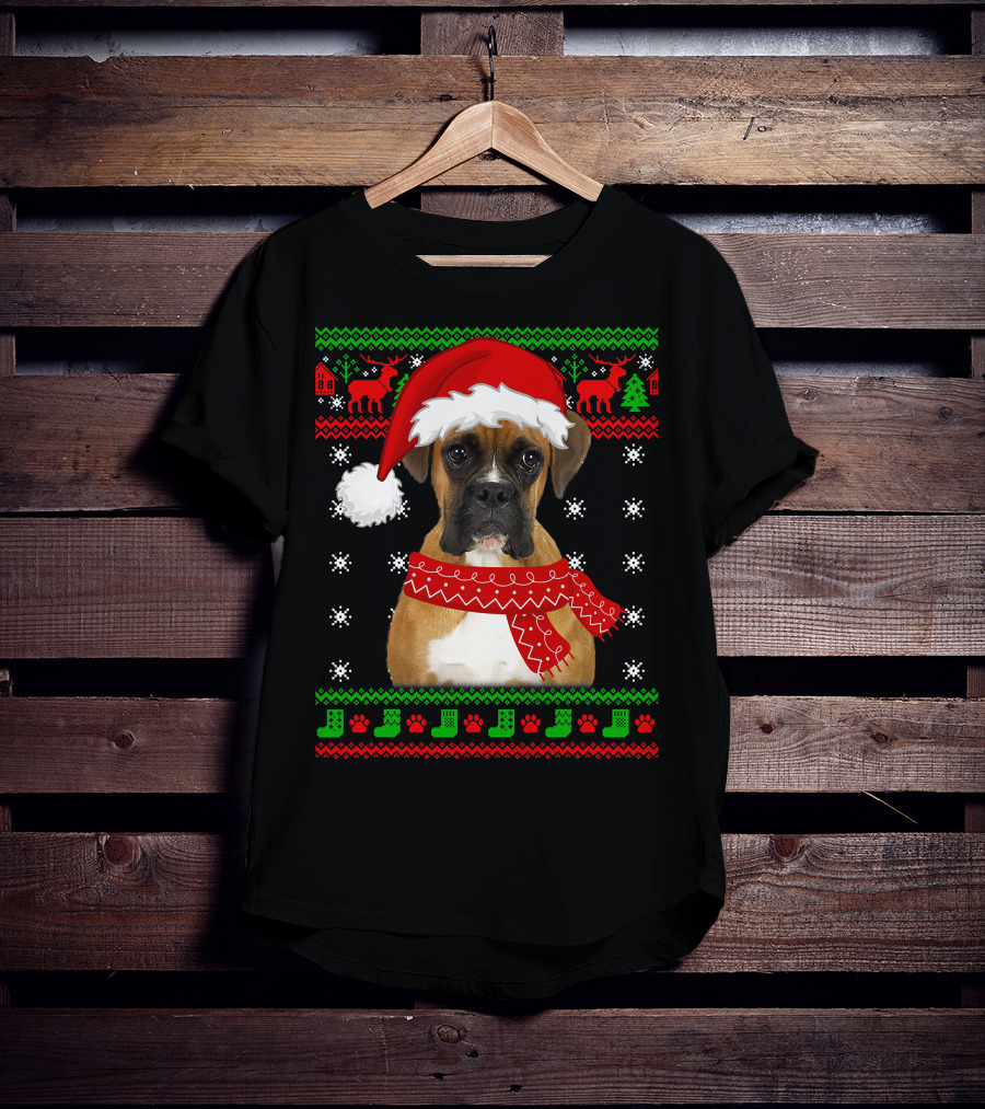 Boxer Dog Christmas Puppy Ugly Sweater Santa Hat Reindeer Snowflakes T-Shirt