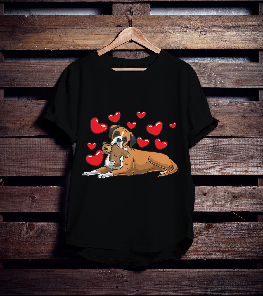 Boxer Dog Cuddling Teddy Bear Surrounded By Red Hearts T-Shirt