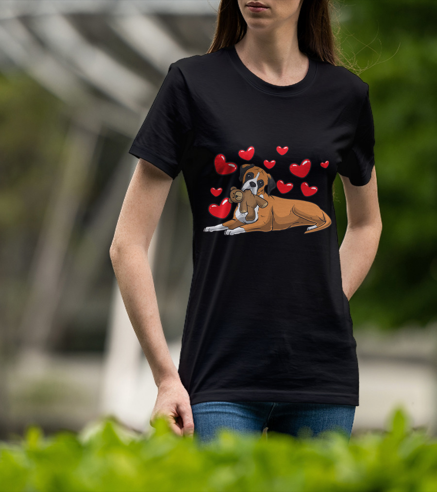 Boxer Dog Cuddling Teddy Bear Surrounded By Red Hearts T-Shirt