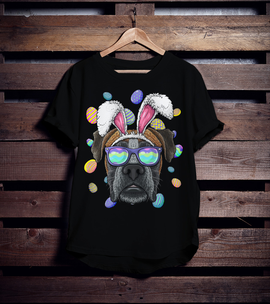 Boxer Dog With Bunny Ears And Sunglasses Surrounded By Colorful Easter Eggs T-Shirt