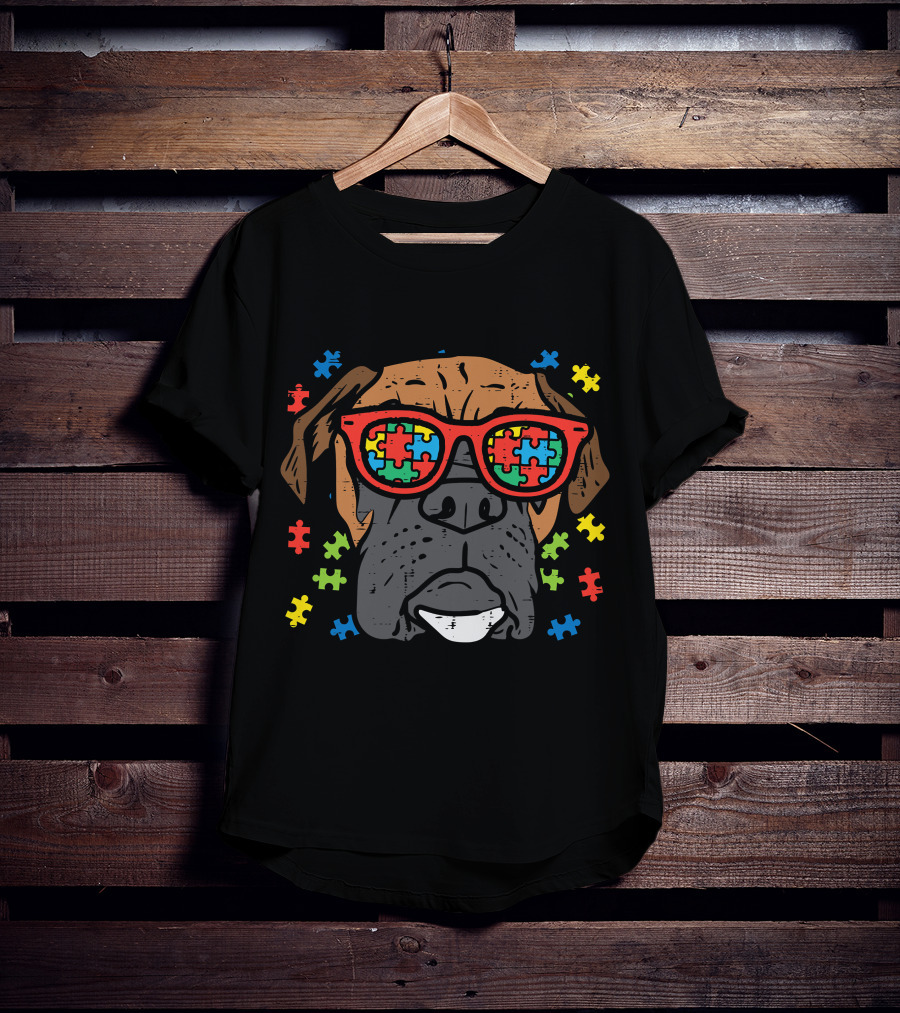 Boxer Face With Puzzle Glasses For Autism Awareness T-Shirt