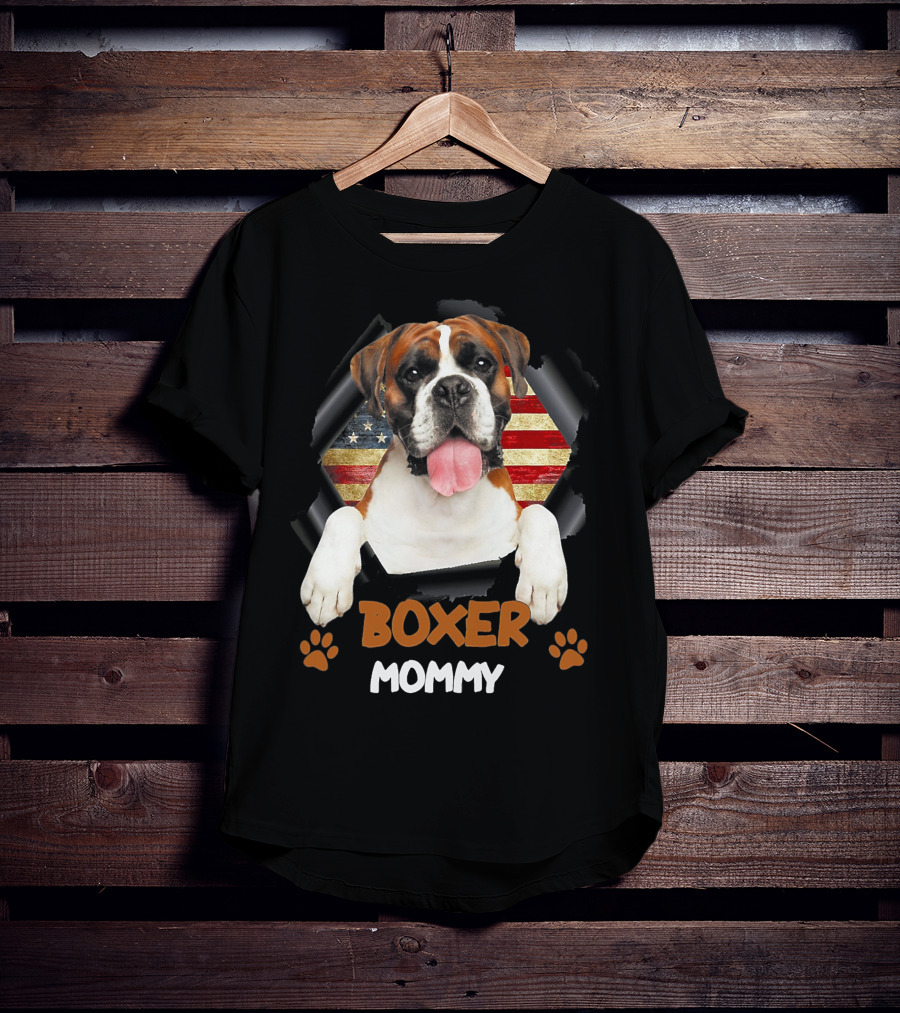 Boxer Mommy Dog With Torn American Flag Background T-Shirt