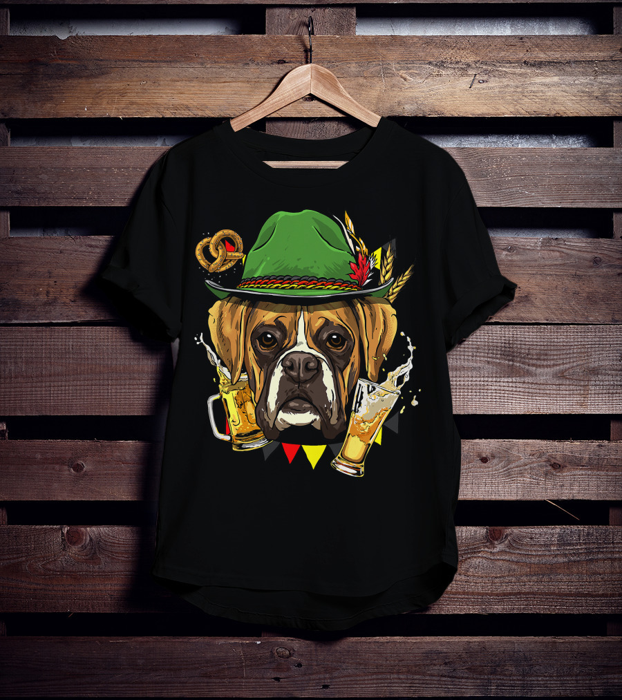 Oktoberfest Boxer Dog Lederhosen Beer Pretzel Hat T-Shirt