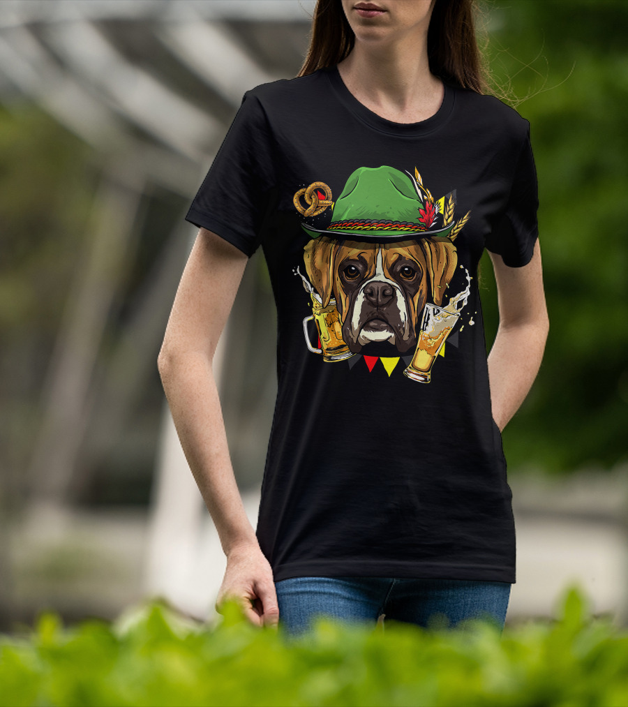 Oktoberfest Boxer Dog Lederhosen Beer Pretzel Hat T-Shirt