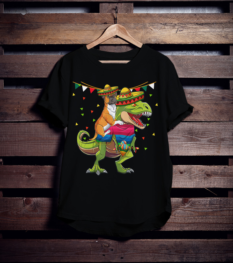 Boxer Dog With Sombrero Riding Dinosaur Rex Fiesta Flag Party T-Shirt
