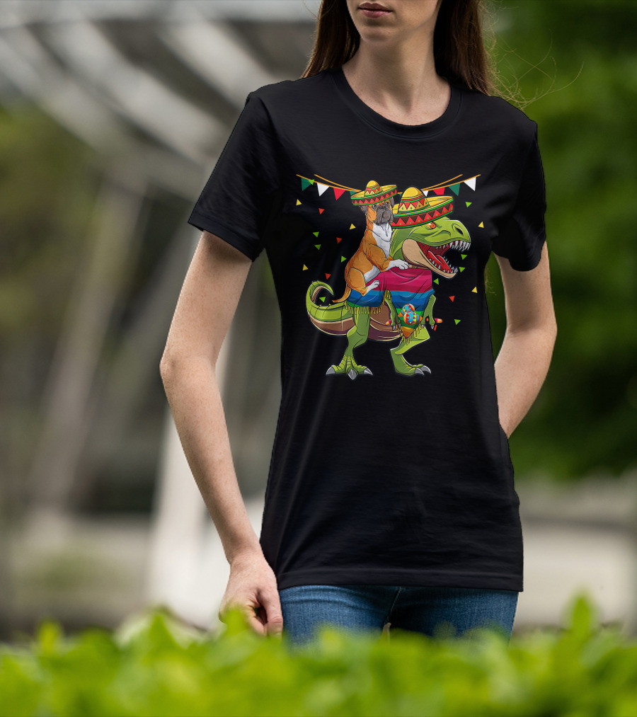 Boxer Dog With Sombrero Riding Dinosaur Rex Fiesta Flag Party T-Shirt