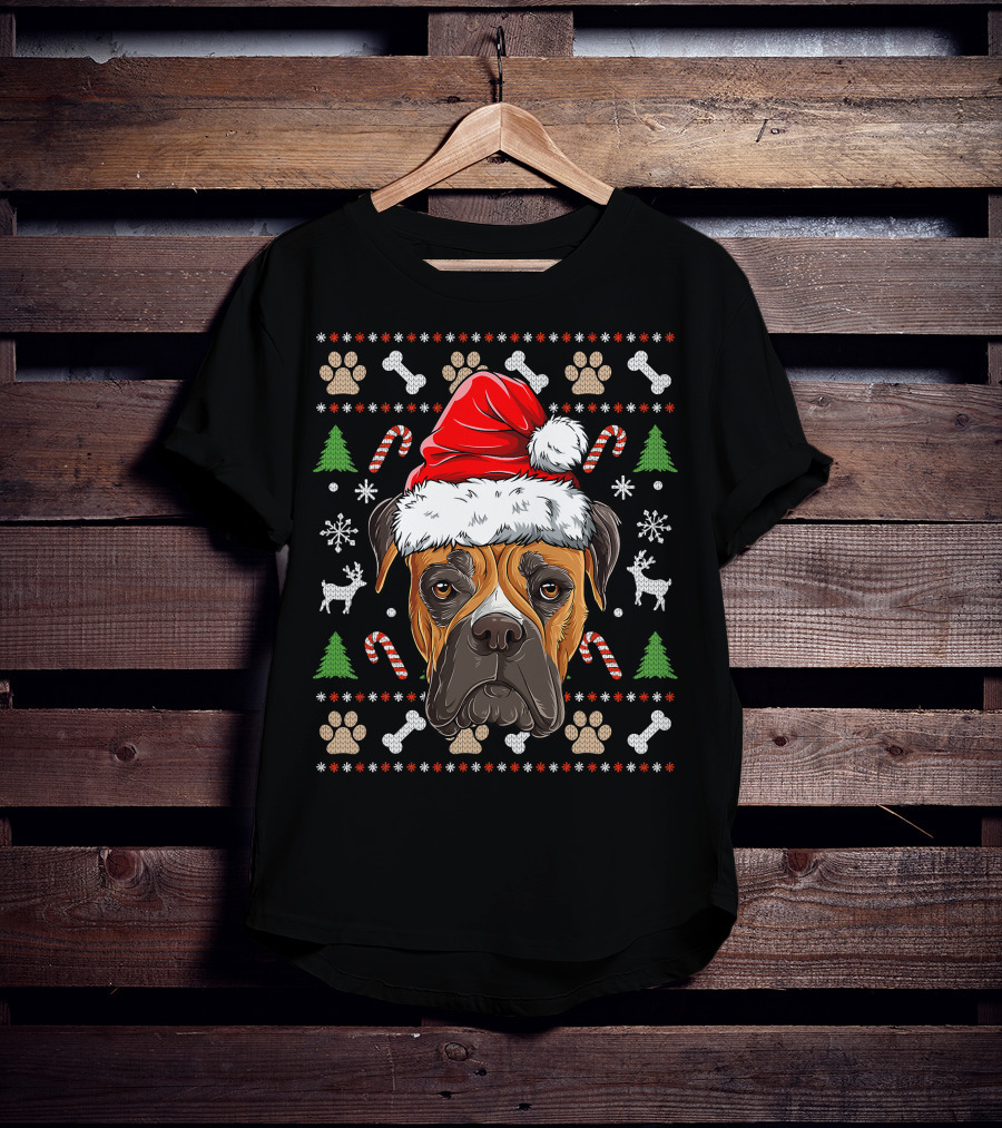 Seasonal Spirit Boxer In Christmas Santa Hat With Candy Canes And Snowflakes T-Shirt