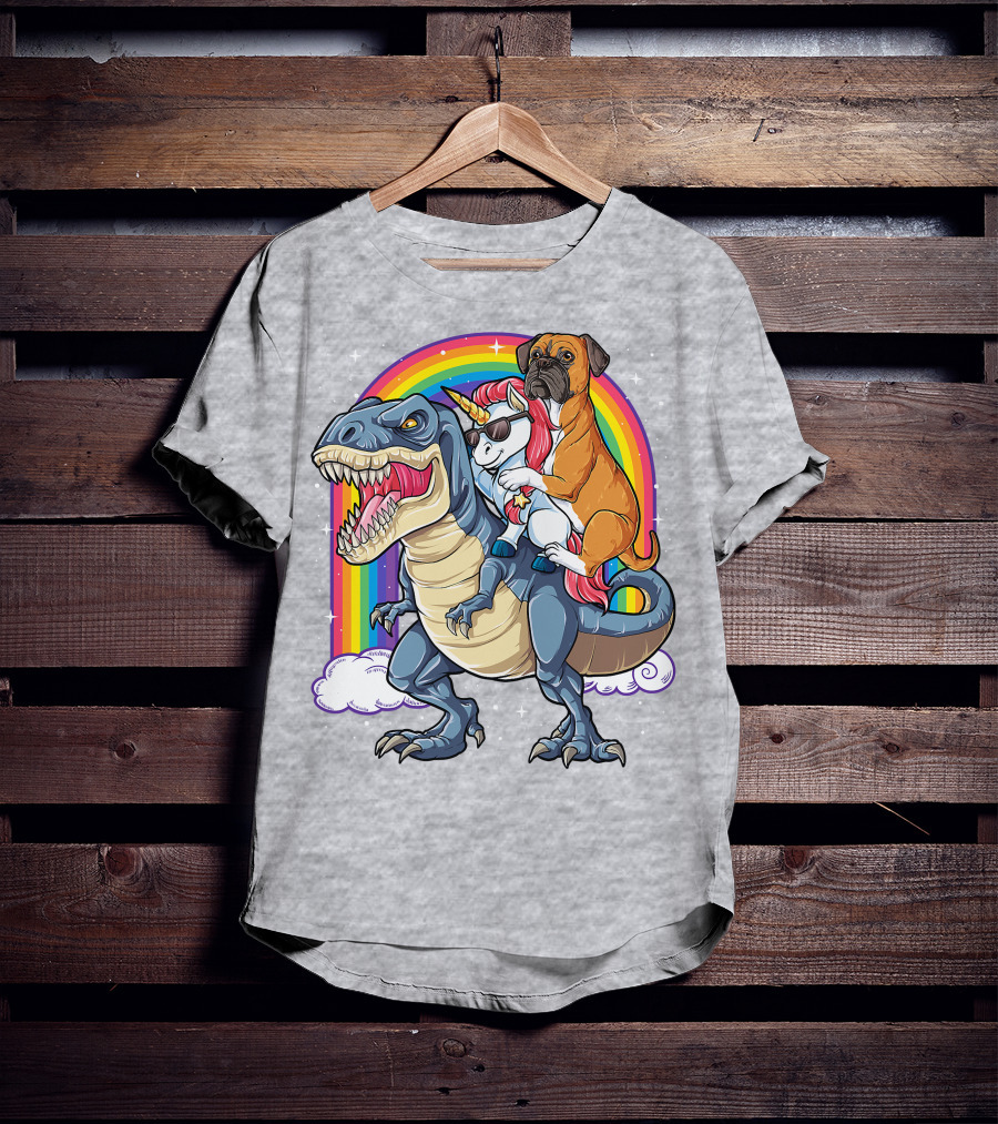 Boxer Riding Dinosaur Unicorn T-Shirt