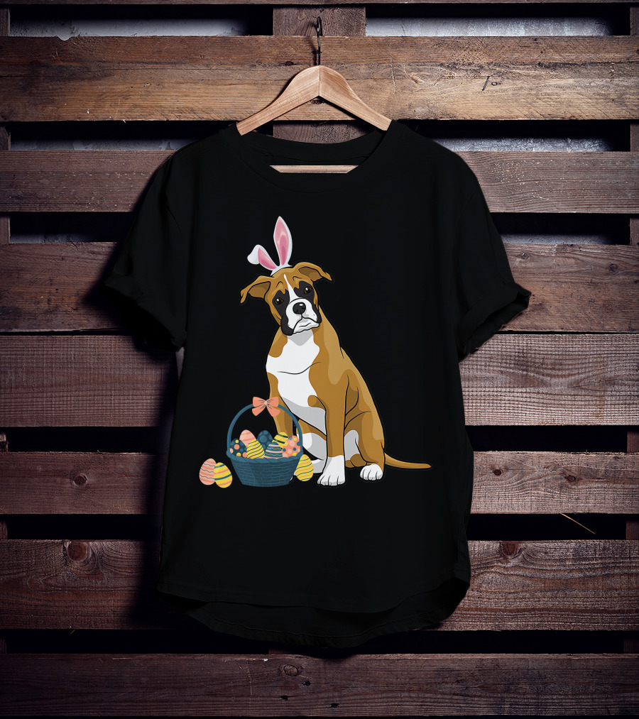 Bunny Ears Boxer Dog Cute Doge Rabbit With Easter Eggs Basket T-Shirt